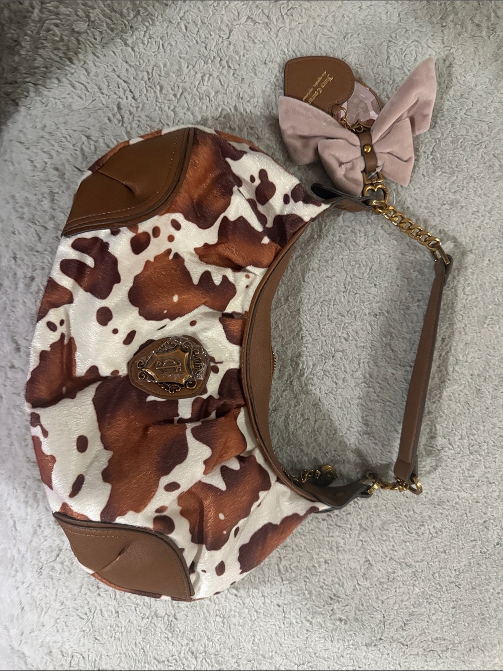 Juicy Couture Cowhide-Print Shoulder Bag in Brown and White with Gold Hardware